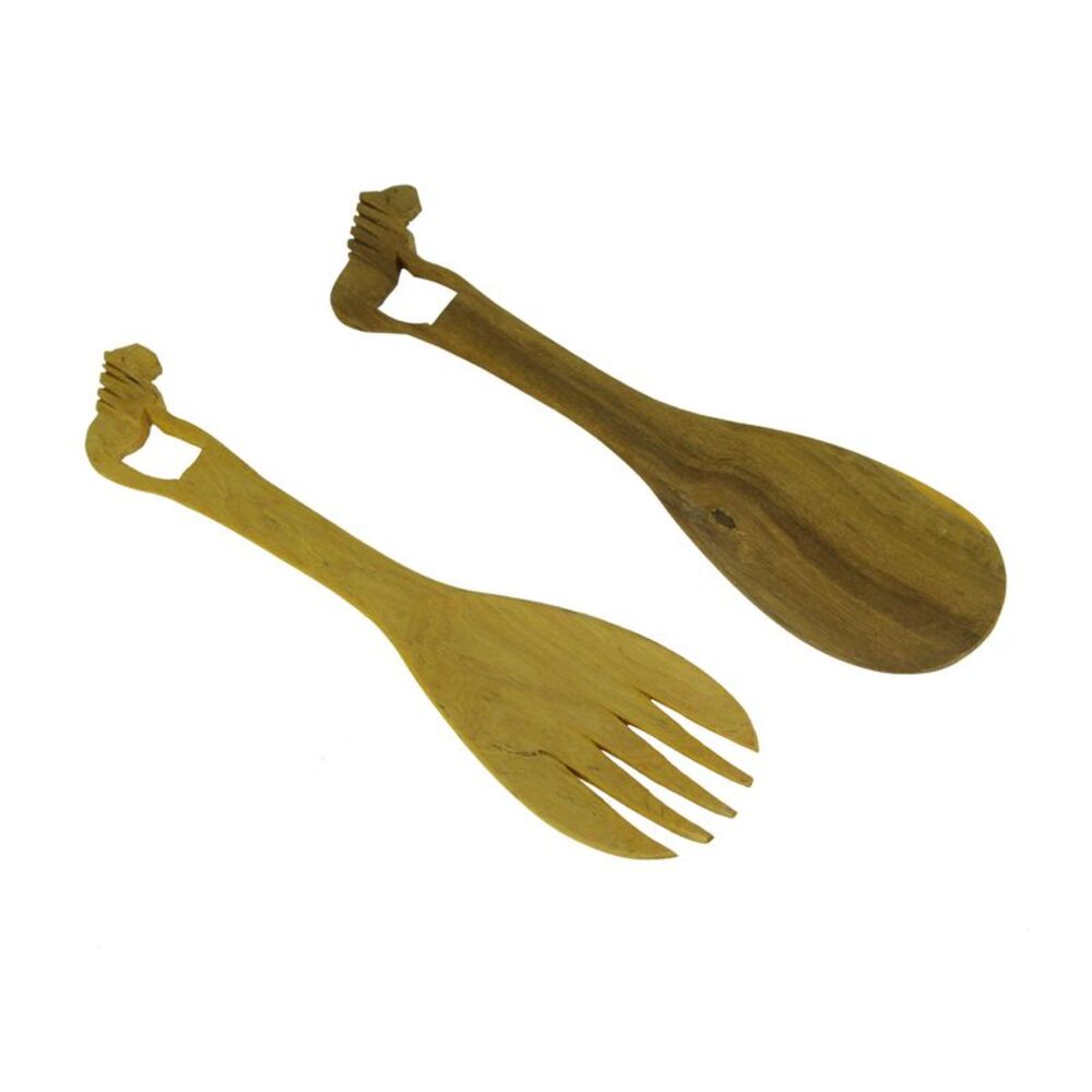 Zeckos - Hand Carved Wood Decorative Lion Handle Salad Server Set - Brown